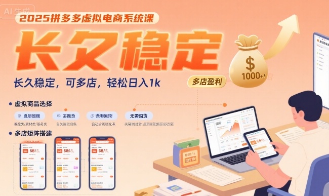 2025拼多多虚拟电商系统课，长久稳定，可多店，轻松日入1k