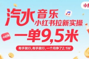 汽水音乐小红书拉新实操，，一单9.5米，有手就行，一个月挣了2.1W