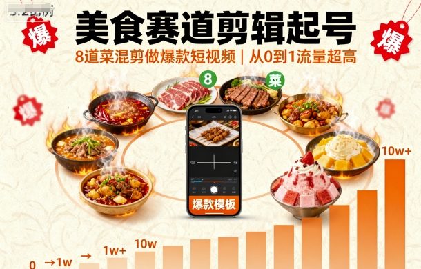 美食赛道剪辑起号，8道菜混剪做爆款短视频，从0到1，流量超高