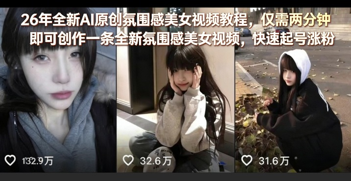 26年全新AI原创氛围感美女视频教程，仅需两分钟即可创作一条全新氛围感美女视频，快速起号涨粉