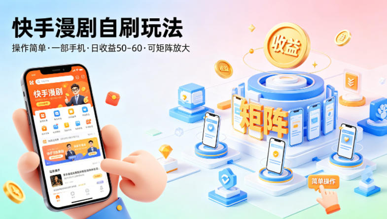 快手漫剧自刷玩法，操作简单，一部手机就可以做，一天50-60收益，可矩阵放大【揭秘】