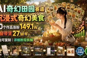 AI奇幻田园赛道,沉浸式奇幻美食,20个作品涨粉149.1W,橱窗带货27W件,小白可复制,详细教程拆解